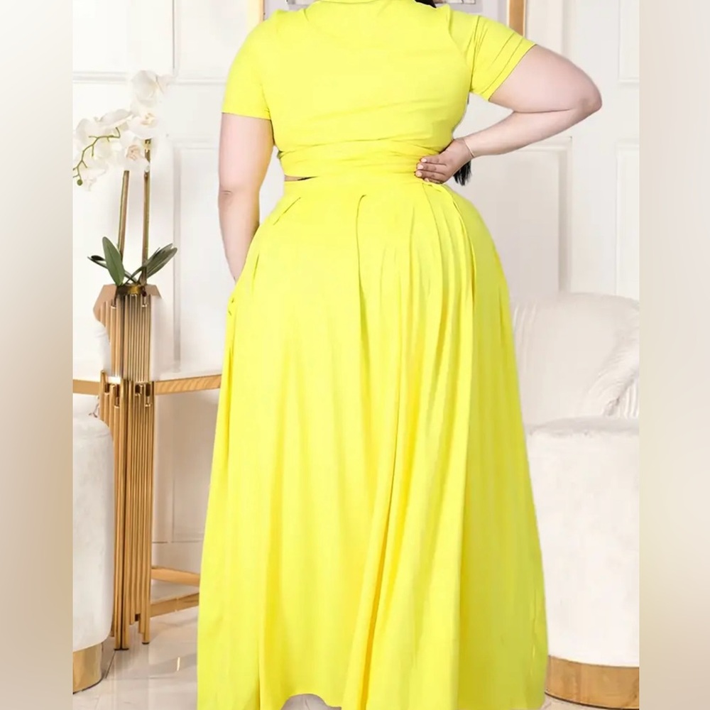 Plus Size Women's Plus Plain Short Sleeve Crop Top Side Knot & Maxi Skirt - Picture 11 of 13